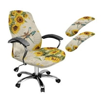 FKELYI Sunflower Dragonfly Print Office Chair Slipcover with 2 Pcs Stretchable Armrest Covers High Back Swivel Boss Chair Protector Cover Anti-Dust Armchair Decor, Large