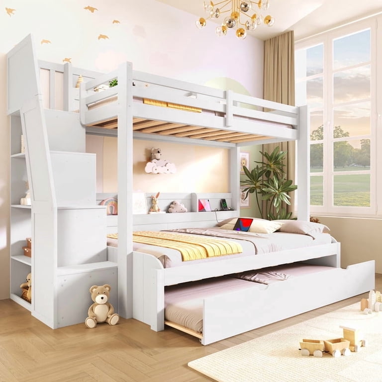 Merax Twin Over Full Bunk Bed With Stairs & Storage - Solid Wood, White, Converts To Two Beds