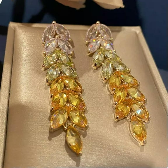 K-KED New Leaf Shape Yellow Citrine White Topaz Gems Luxury Women Dangle Earring Gold