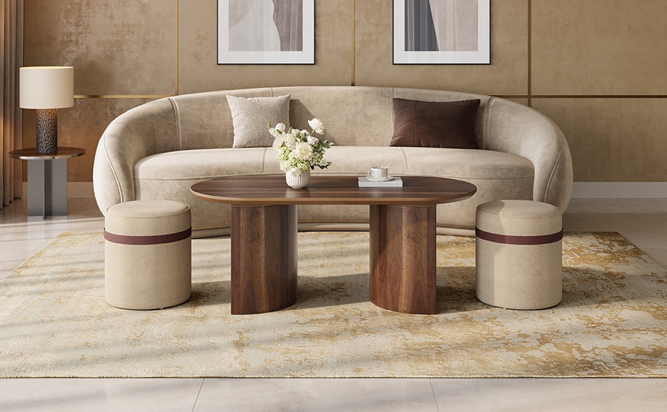 Mintazer Oval Coffee Table Set with 2 Nesting Fabric Stools, Coffee Table with Curved Legs for Small Apartment Living Room, Walnut