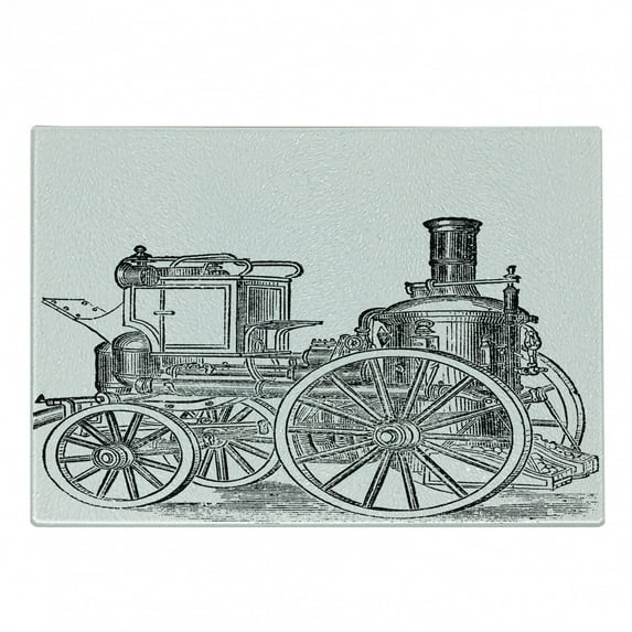 Steam Engine Cutting Board, Old Fireman Truck Drawing Effect Picture British Antique Transport, Decorative Tempered Glass Cutting and Serving Board, Small Size, Charcoal Grey White, by Ambesonne