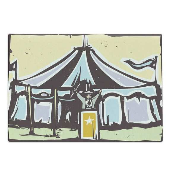 Circus Cutting Board, Carnival Scene of a Man with a Tent on the Back Fun Show Time Artwork, Decorative Tempered Glass Cutting and Serving Board, in 3 Sizes, by Ambesonne