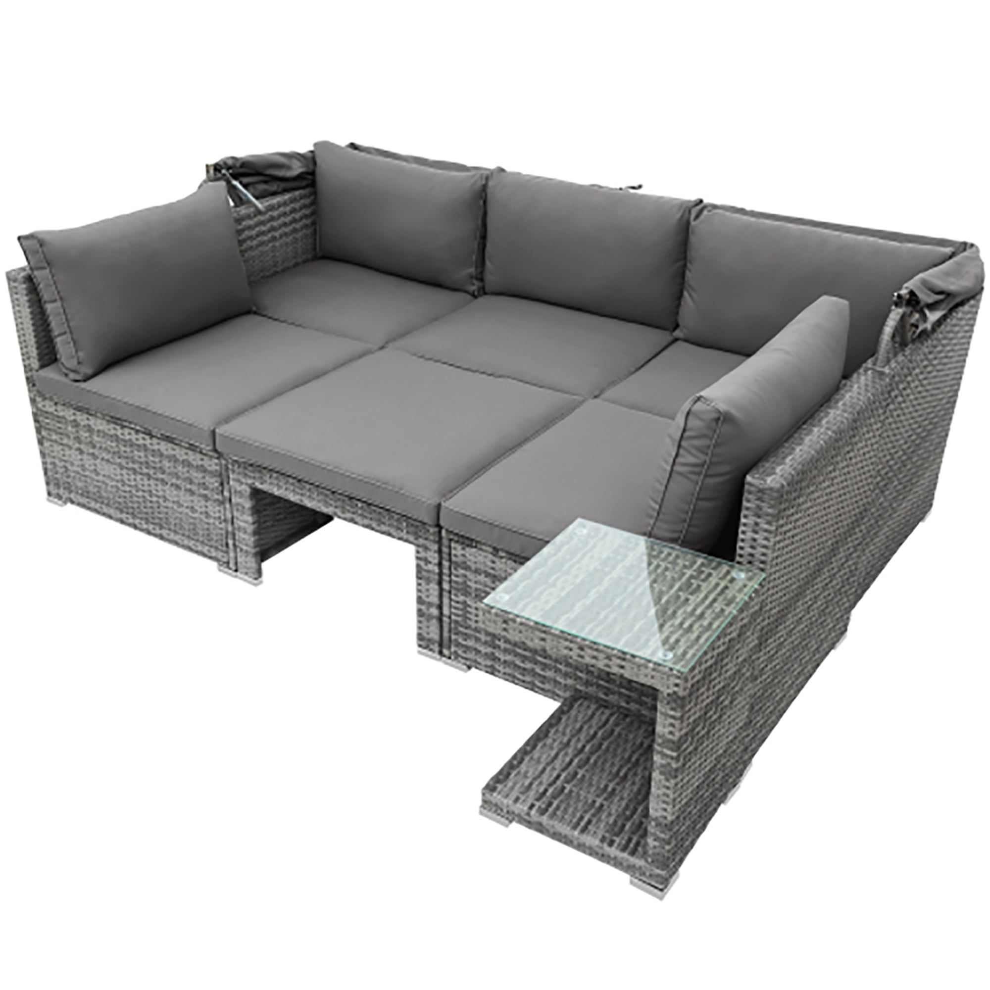 Kadyn 5 Pieces Outdoor Sectional Patio Rattan Sofa Set Rattan Daybed , PE Wicker Conversation Furniture Set w/ Canopy and Tempered Glass Side Table, Gray Kadyn 5 Pieces Outdoor Sectional Patio Rattan Sofa Set Rattan Daybed , PE Wicker Conversation Furniture Set w/ Canopy and Tempered Glass Side Table, Gray