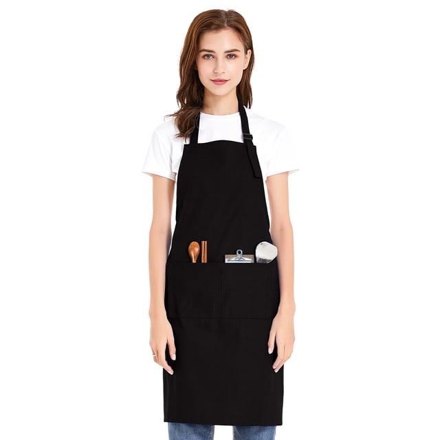 TOPTIE Unisex Bib Apron, Cotton Canvas Adjustable Chef Cooking Apron with Pockets-Black-L