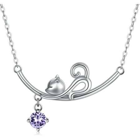 DVEATR 925 Sterling Silver Lovely Cat Kitten Pendant Necklace with 12 Months Birthstone Crystal from Austria, Christmas Birthday Jewelry Gifts for Cat Lover