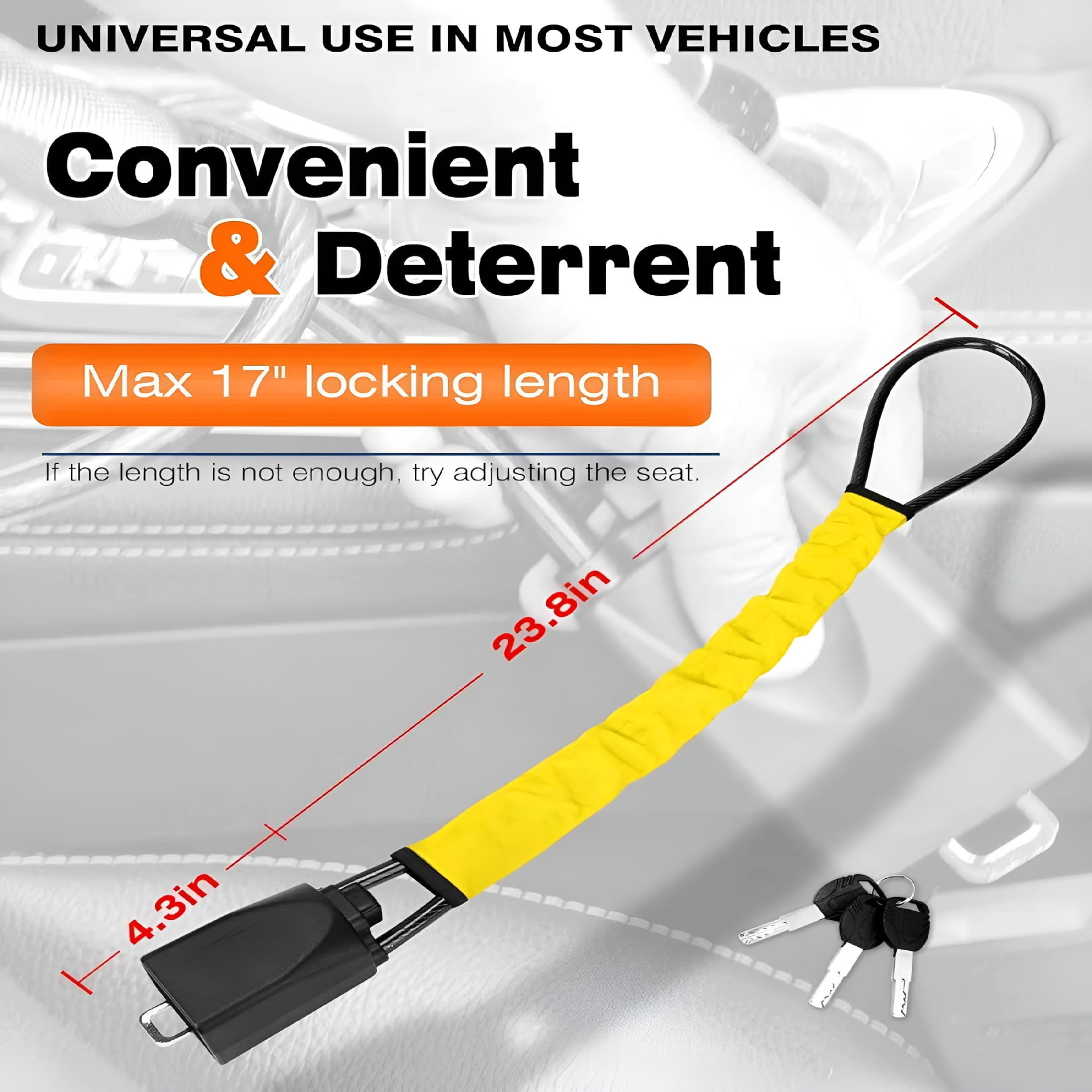 GJX Steering Wheel Lock Seat Belt Lock Universal Anti Theft Car Device Car Lock Car Theft Prevention with 3 Keys for Car Security Fit Most Vehicles Truck SUV Van(Yellow)