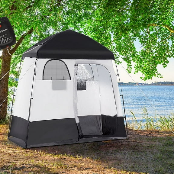 Outsunny Shower Tent, Pop Up Privacy Shelter for Camping, Dressing Changing Room, Portable Instant Outdoor Shower Tent Enclosure w/ 2 Rooms, Shower Bag, Floor and Carrying Bag, Black