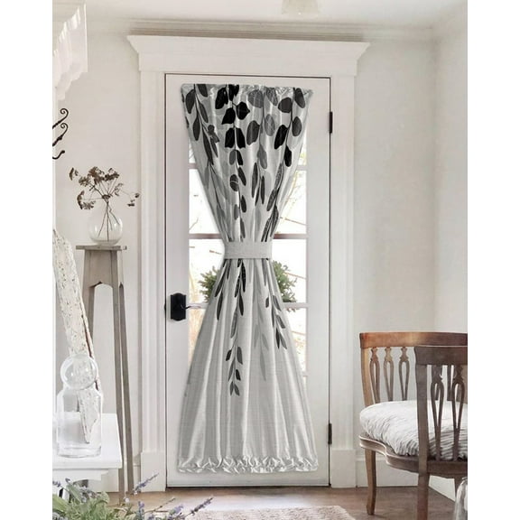 Grey Ombre Botanical Blackout Curtains, French Door Curtains for Door Window, Watercolor Gray Pastoral Leaf Rustic Privacy Drapery for Patio/Sidelight Doors, 1 Panel with Tieback, 25 x 72 Inches