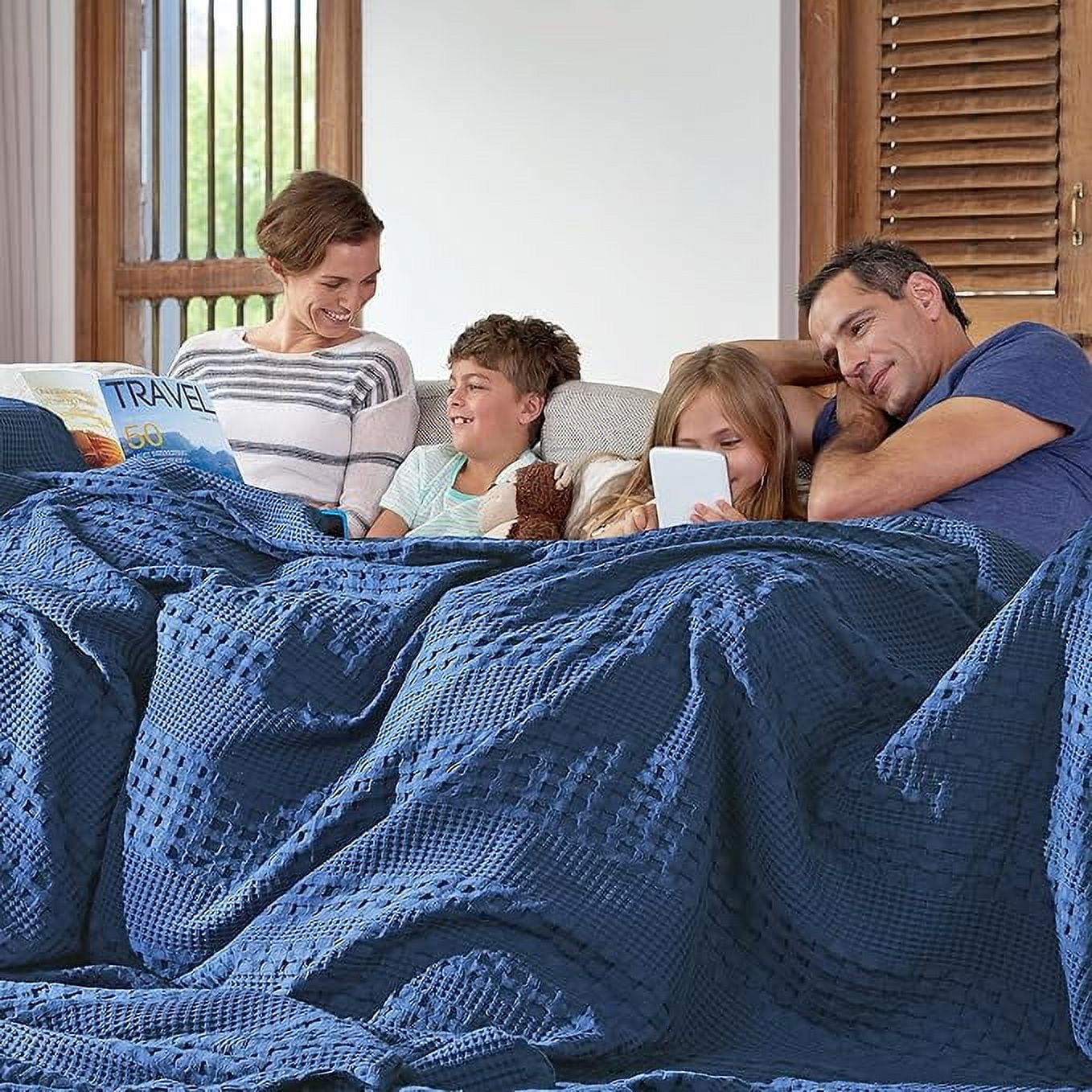 VHC Brands Waffle Weave Navy Blue Oversized King Size Blanket 120x120, Decorative Cotton Throw Blanket, Boho Farmhouse Bedroom Decor for Bed, Couch, or Sofa