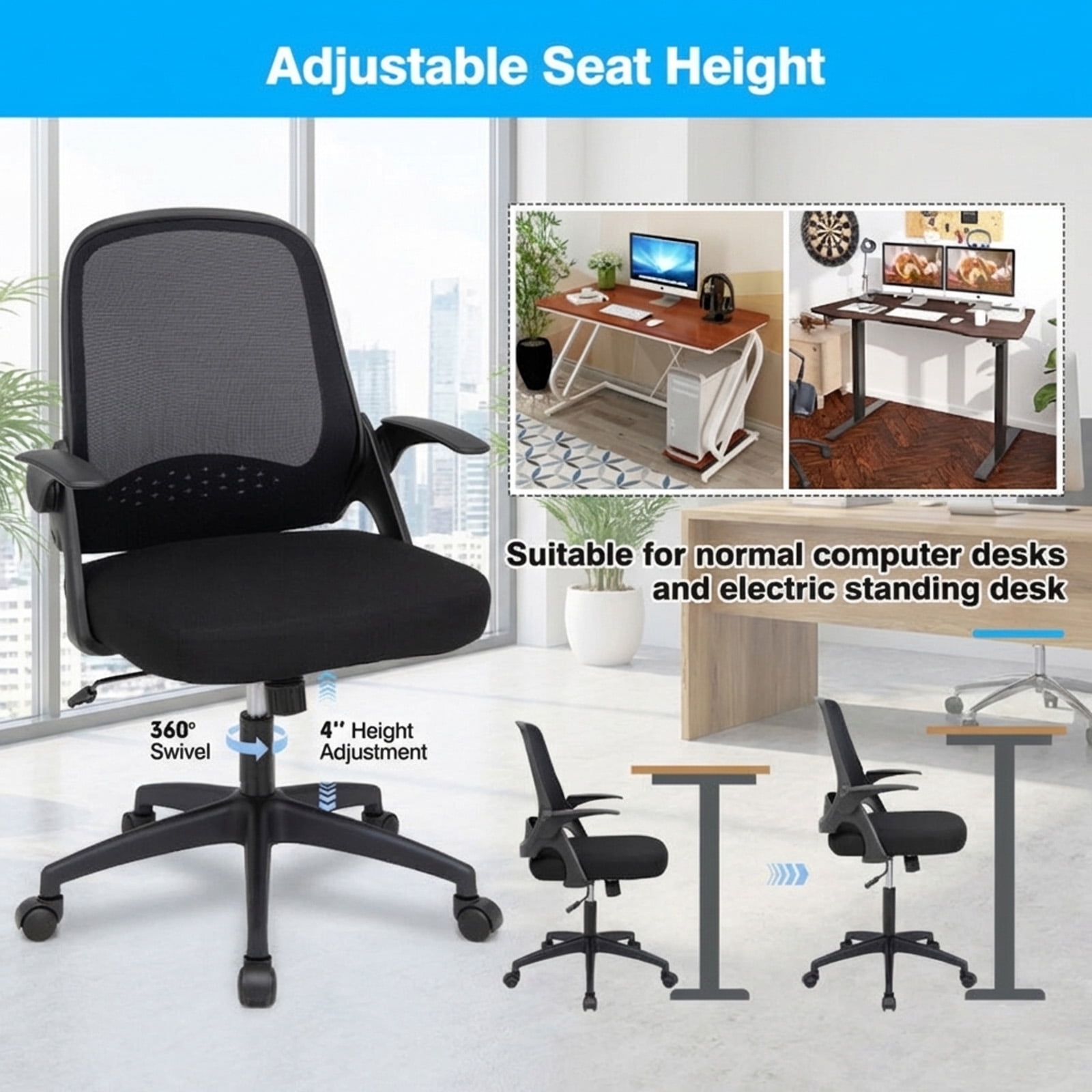Furnibear Mesh Office Chair with Flip-up Armrests, Lumbar Support, Adjustable Height Ergonomic Rolling Computer Desk Chair for Home Office, Black