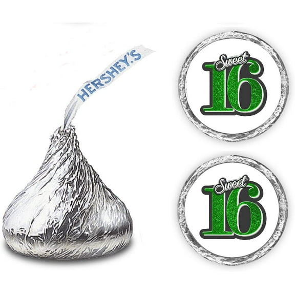 Sweet 16 Kisses Stickers, (Set of 216) 16 Birthday Chocolate Drops Labels Stickers For 16th Birthday, Kisses Party Favors Decor (Green)