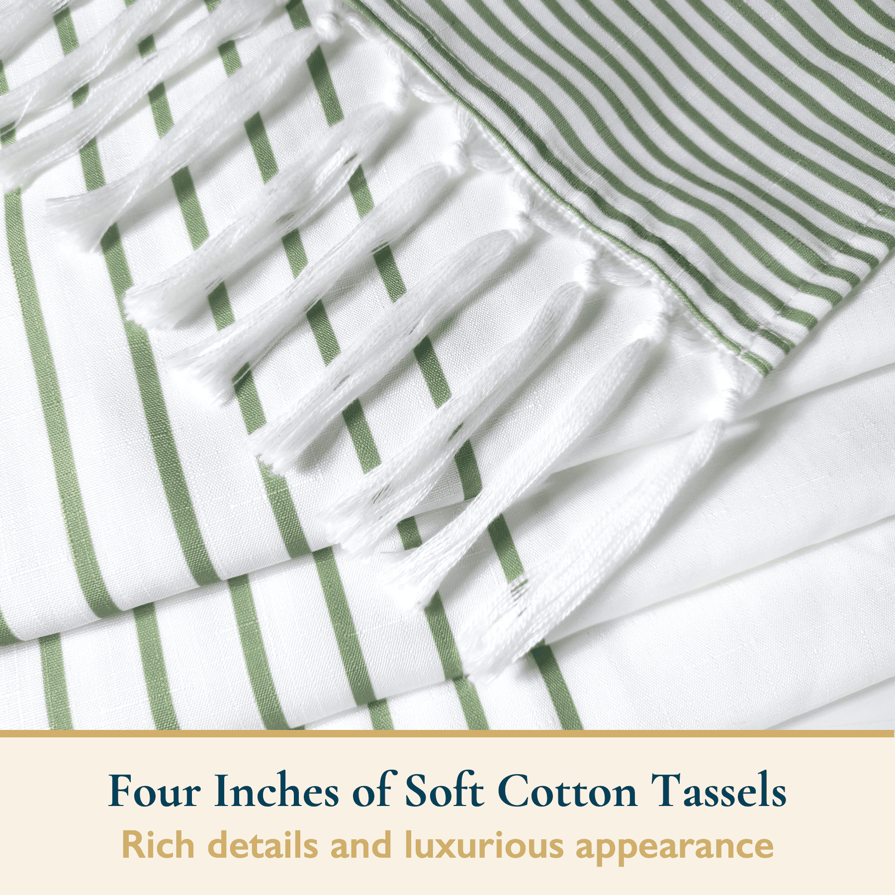 ComfiTime 13-Piece Tassel Shower Curtain Set with Hooks – Heavy-Duty Fabric Cloth, Boho Farmhouse Bathroom Curtain, Striped Hotel Luxury Linen, Water-Repellent, Machine-Washable, 72” x 72”, Green