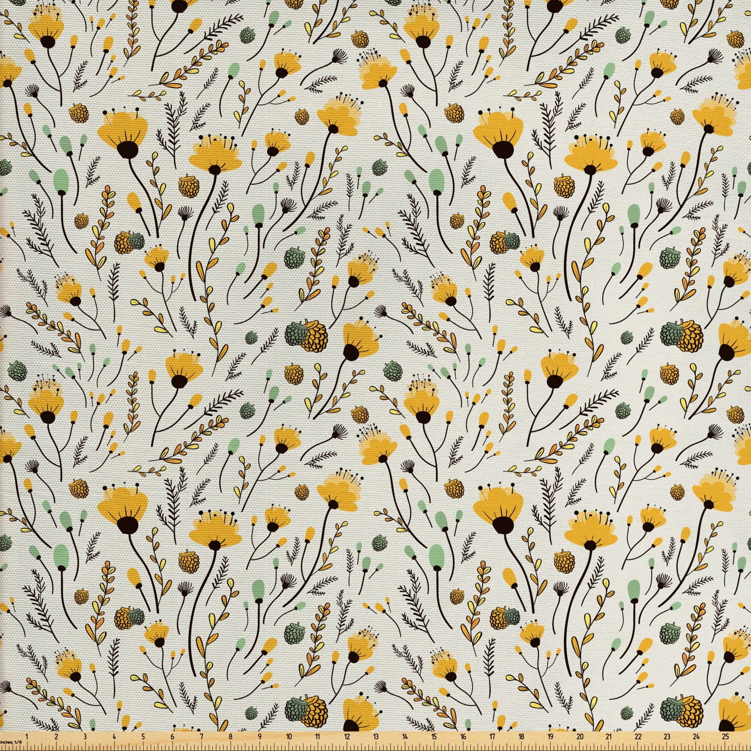Doodle Fabric by The Yard, Yellow Flowers with Acorns and Foliage