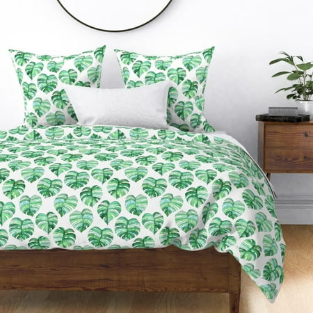 Monstera Tropical Leaves Leaf Watercolor Sateen Duvet Cover By
