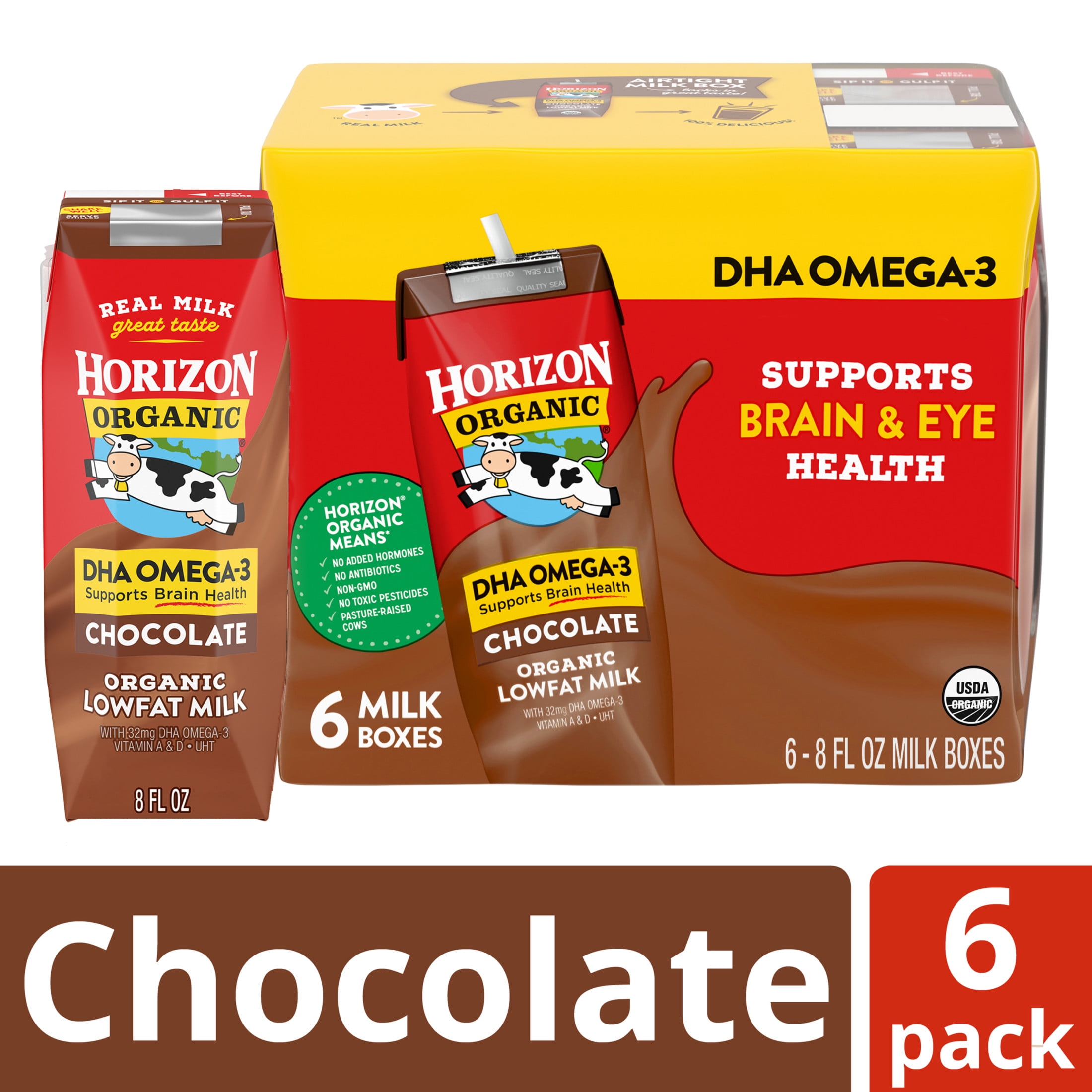 (2 pack) Horizon Organic Shelf Stable 1% Lowfat DHA Omega-3 Chocolate Milk Boxes, 8 fl oz, 6 Count