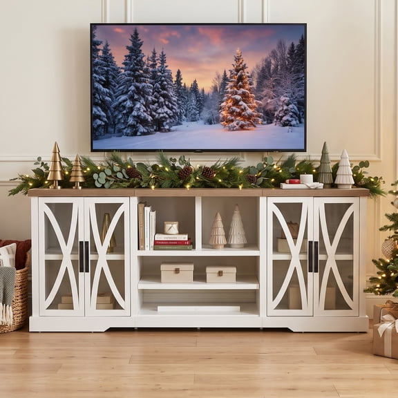 93" Modern Farmhouse TV Stand for TVs up to 100", Media Console with Cabinet & Adjustable Storage Shelves, White Entertainment Center