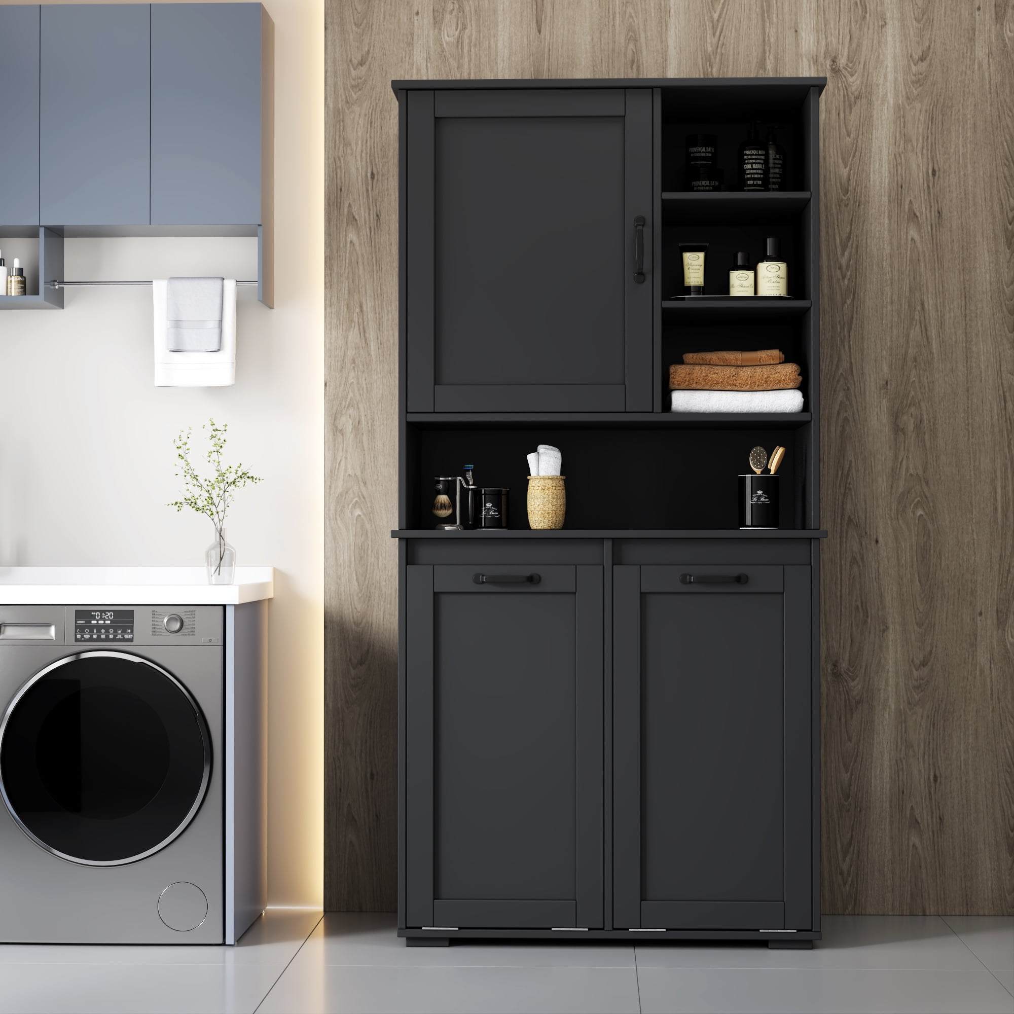 Mintazer 63" H Bathroom Storage Cabinet with 2 Tilt Out Laundry Hampers, Freestanding Laundry Cabinet with Adjustable Shelves, Black