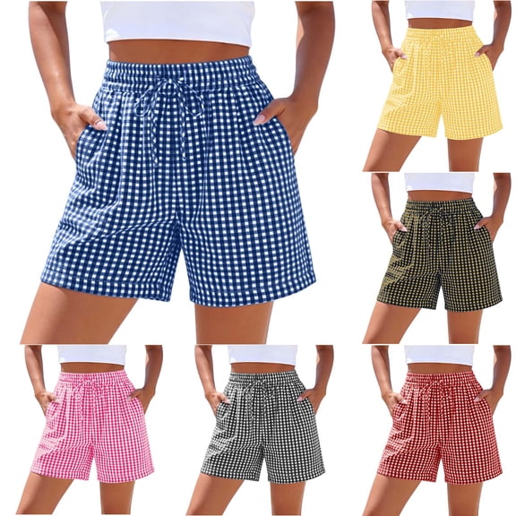 Zedker Pants for Women Boxer Shorts Comfy Drawstring Pajama Bottom Plaid Casual Pants with Pockets Blue L