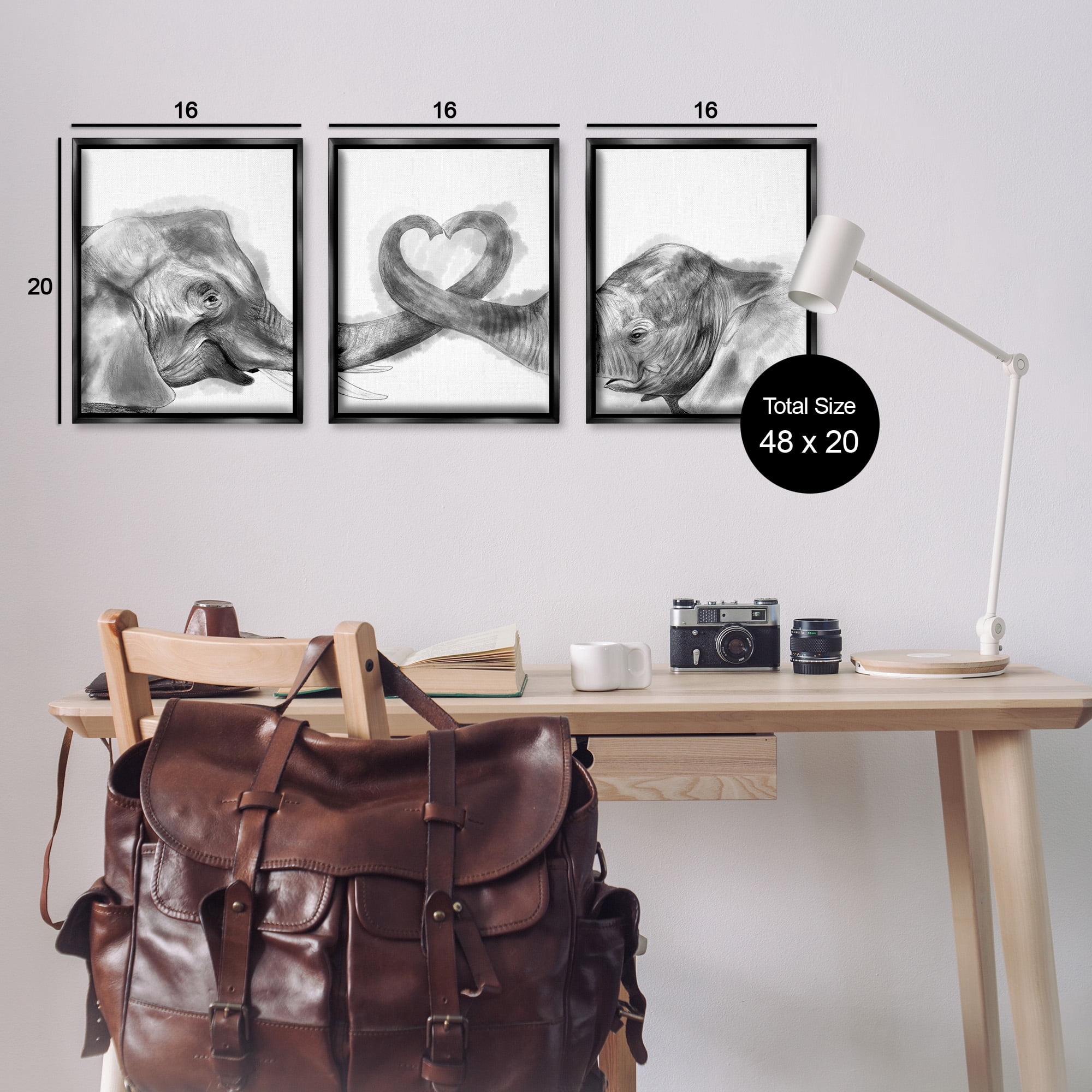 Stupell Industries Elephant Trunk Heart Shape Animals & Insects Painting Black Floater Framed Canvas Art Print Wall Art, 17 x 21, Set of 3