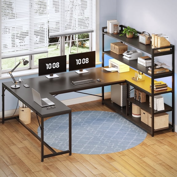 63 Inch U-Shaped Desk with Power Outlet & LED Lights, Reversible Gaming Desk with 5-Tier Storage Shelves, Computer Desk with Spacious Desktop, Corner Desk for Home Office, Black