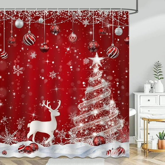 Red Christmas Shower Curtain Xmas Pine Tree Snowflakes Deer Bathroom Shower Curtain Winter Christmas Waterproof Bathtub Curtain Decor with 12 Hooks, 66x72in
