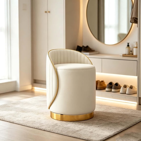 LCNDKF Makeup stool with back pleated detail white round cushion gold