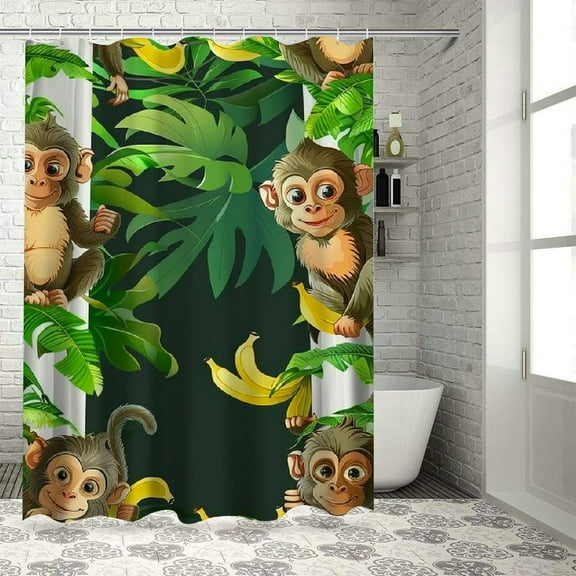 Orinice Fabric Shower Curtain,Tropical Jungle Animals Monkey Cartoon Forest Green Leaves Banana Tree Funny Polyester Designer Cloth, Print Decorative Bathroom Curtains Include Hooks Set 36x72