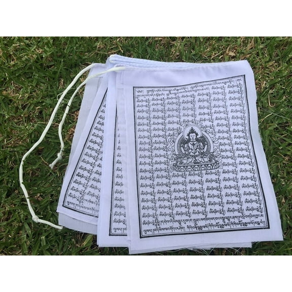 Buddha of Compassion Tibetan Prayer Flags From Nepal - Solid White Color