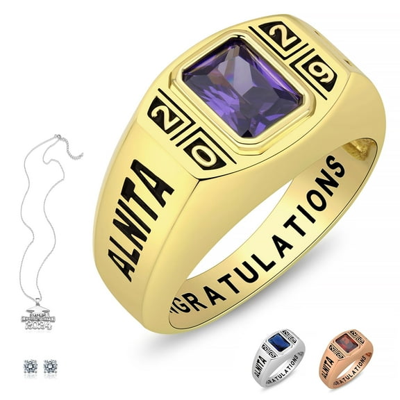 Ccjcinata Fully Personalized Customized class rings Sterling Silver Men's High School and College Class Ring – Classic Collection (Sterling Silver - Gold Plated)