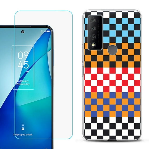 Slim-Fit Gel TPU Phone Case for TCL 4X 5G, with Tempered Glass Screen Protector, by OneToughShield ® - Colorful Checker