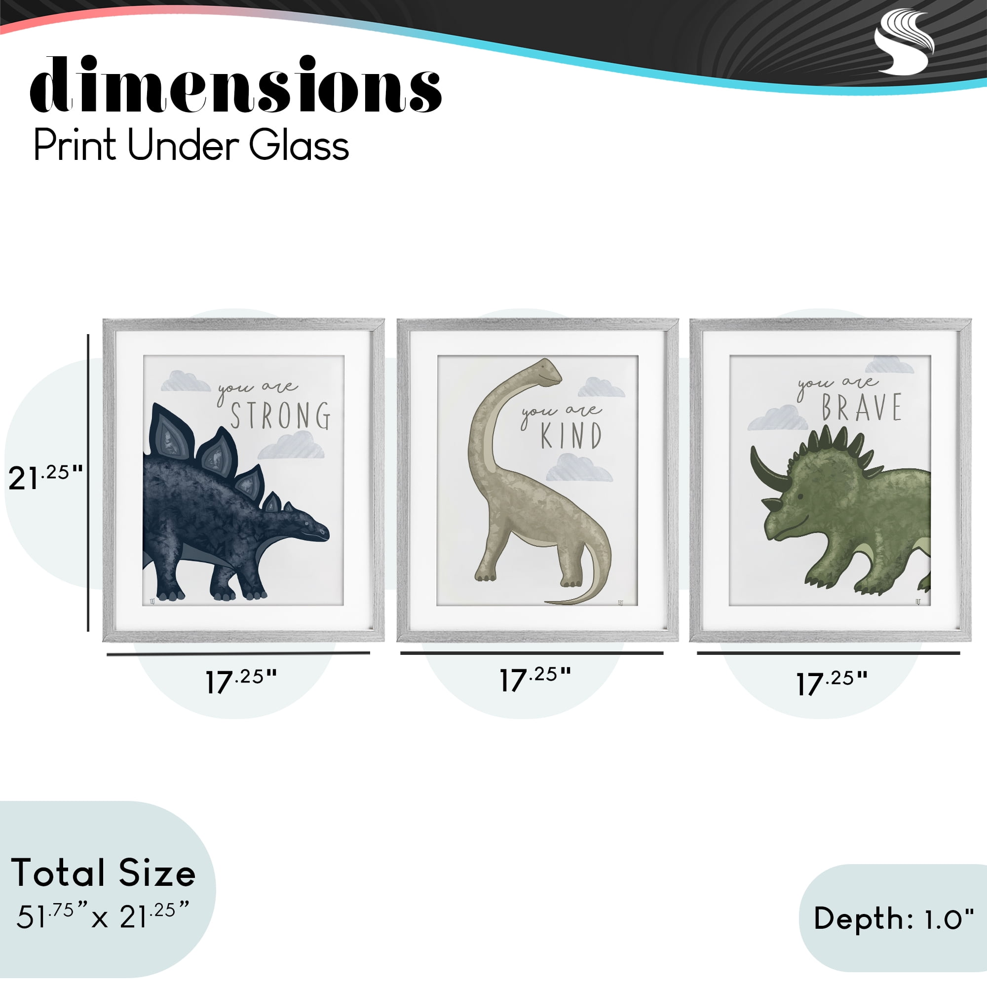 Stupell Industries Hopeful Encouraging Dinosaurs 3 Piece Gray Framed Print Under Glass Set, design by Elizabeth Tyndall