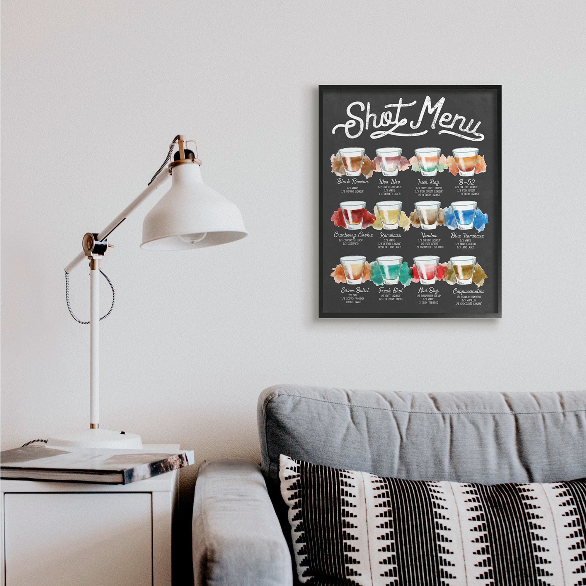 Stupell Industries Shot Menu Drink Recipes Fun Watercolor Styling Food & Beverage Painting Black Framed Art Print Wall Art, 24 x 30