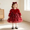 thumbnail image 2 of SUYIDA Girls Velvet Mesh Long Sleeve Dress, Ruffle Bow Sash with Matching Hairband, Elegant Holiday Party Wear for Kids, 2 of 6