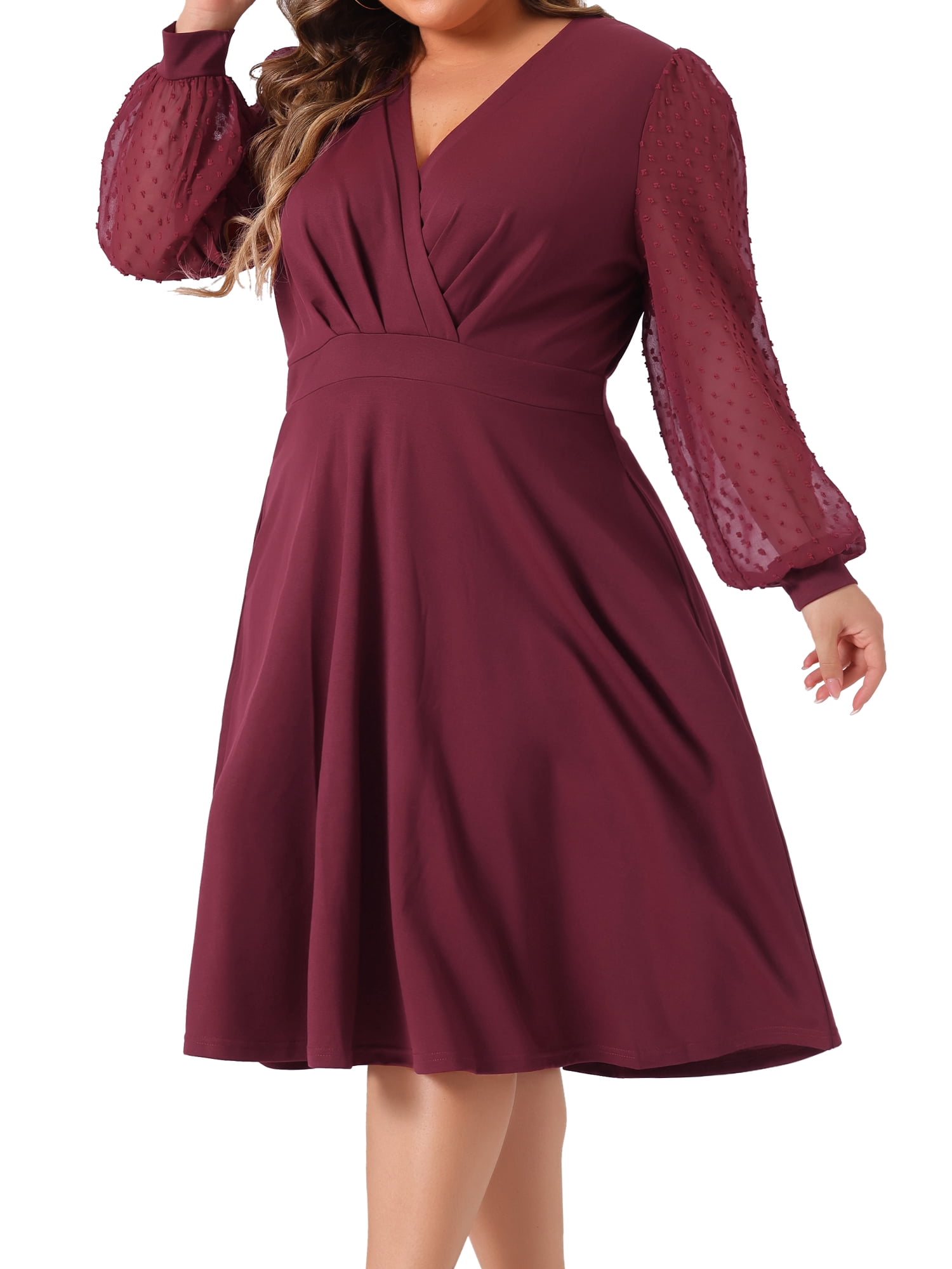 DARING DIVA Plus Size Swiss Dots Wrap V Neck Knee Length Dress 2X Burgundy