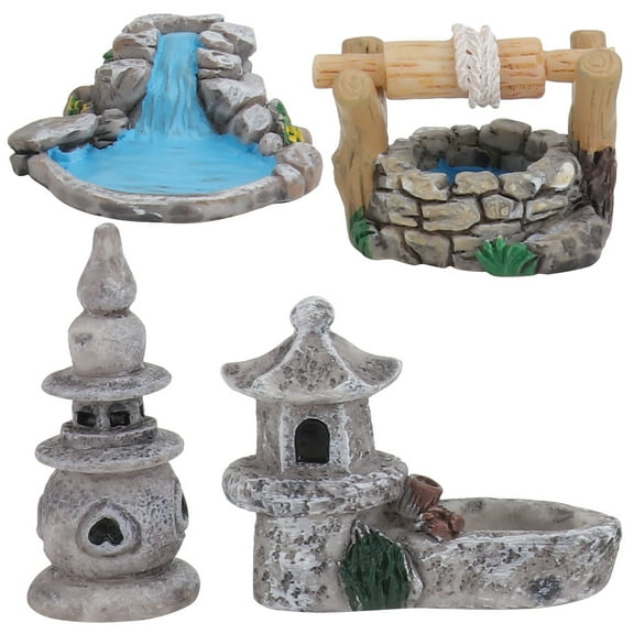 HEALEEP Miniature Bonsai Figurine 4Pcs Chinese Style Mini Scene Decors Resin Well Tower Model for Home