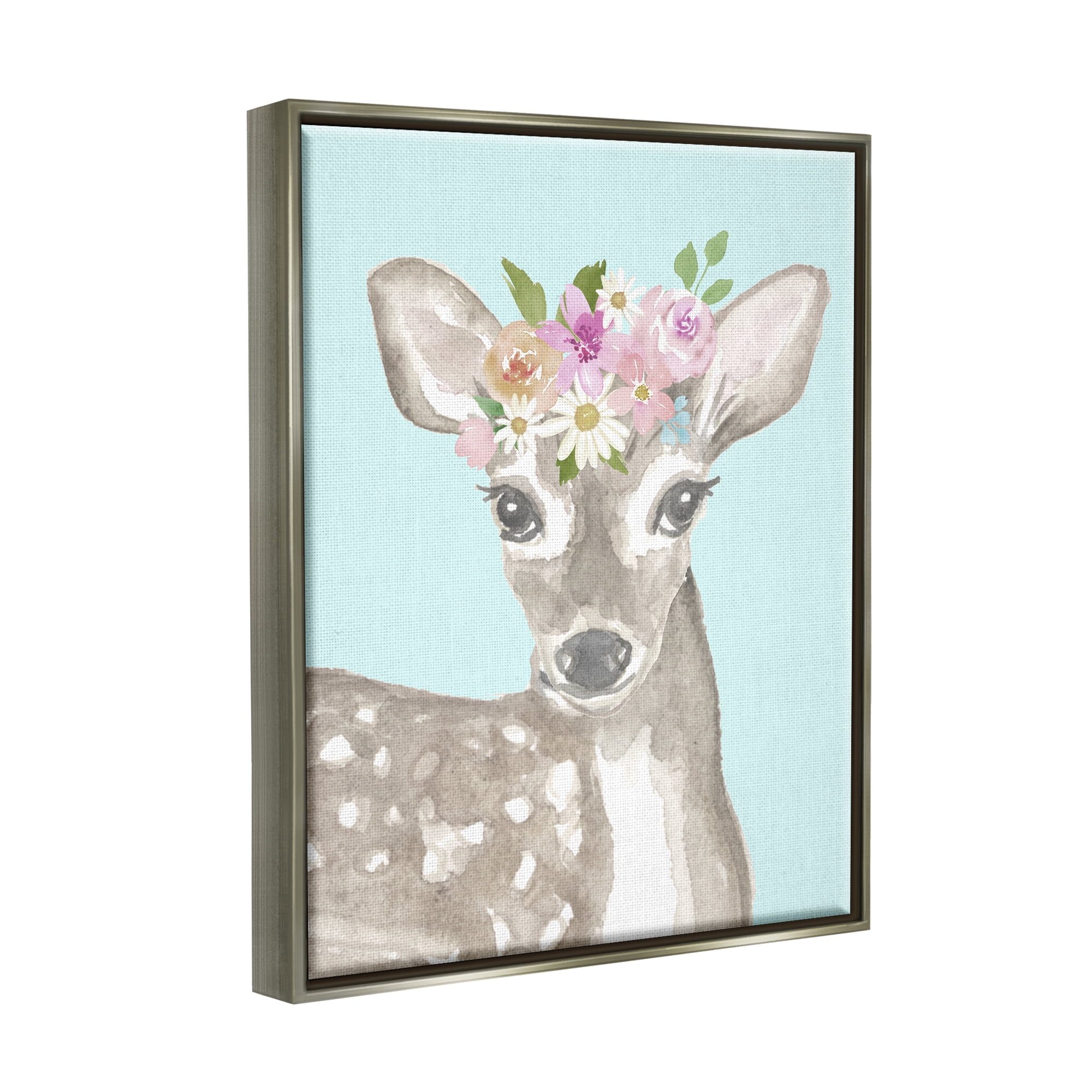 Stupell Industries Floral Deer on Blue Animals & Insects Painting Gray Floater Framed Art Print Wall Art, 25 x 31