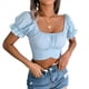 thumbnail image 3 of Blusa Informal de Verano con Cuello Cuadrado, Mangas y Hombros Descubiertos para Mujer, con Volantes y Lazo en la Espalda. Azul XL, 3 of 10