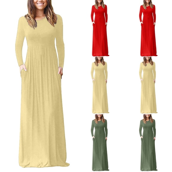 FRSASU Women's Long Sleeve Loose Plain Maxi Dresses Floral Empire Waist Fall Casual Long Dresses with Pockets Red