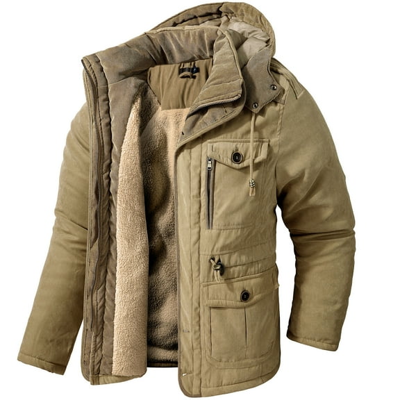 Mr.Stream Men's Winter Hooded Jacket Casual Sherpa Lined Fleece Coat Outerwear Warm Parka 3256 Khaki L