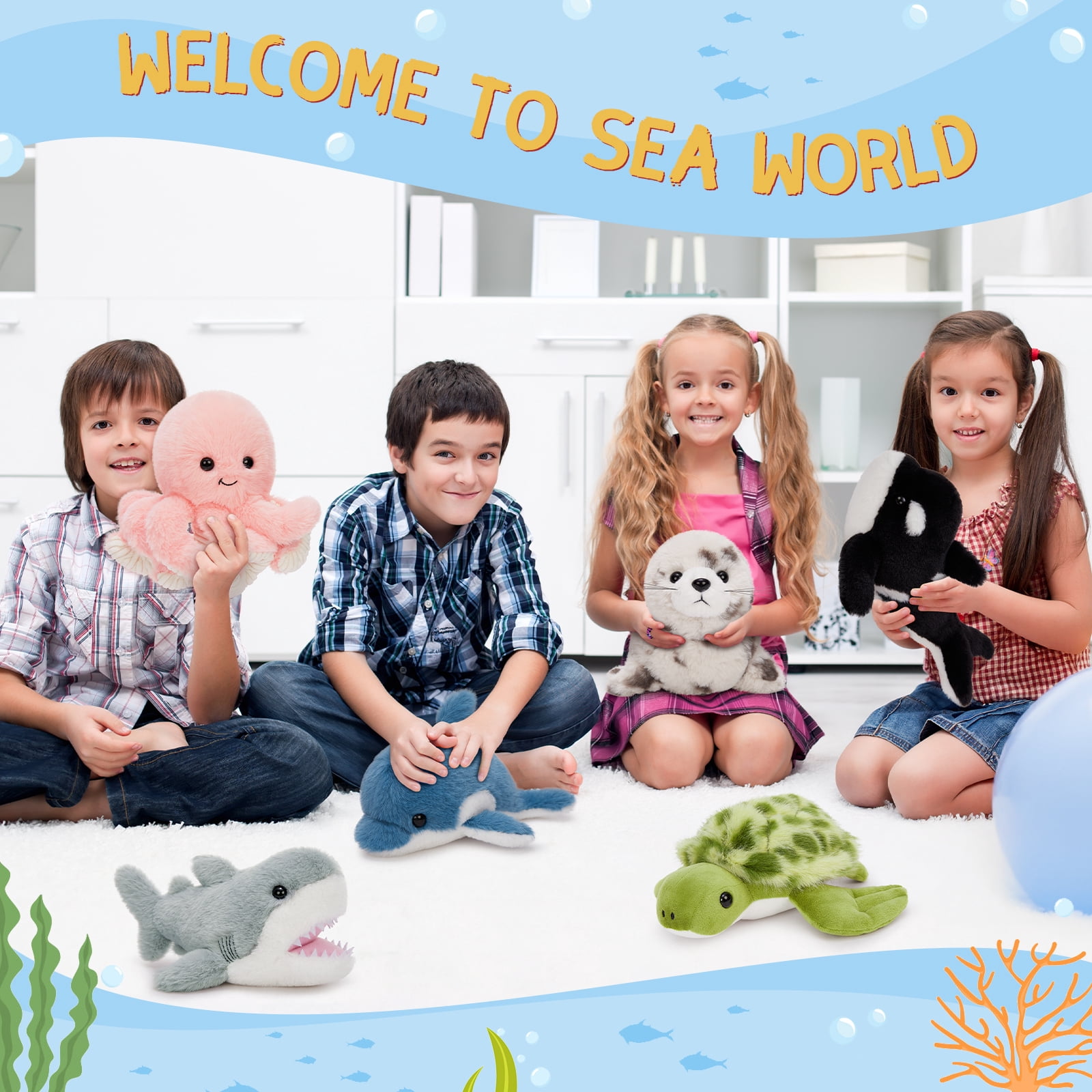 MaoGoLan 6PCS Sea Stuffed Animals Set 9'' Marine Creatures Bulk With Whales/Sharks/Seals/Turtles/Dolphins/Octopus Plush Toy