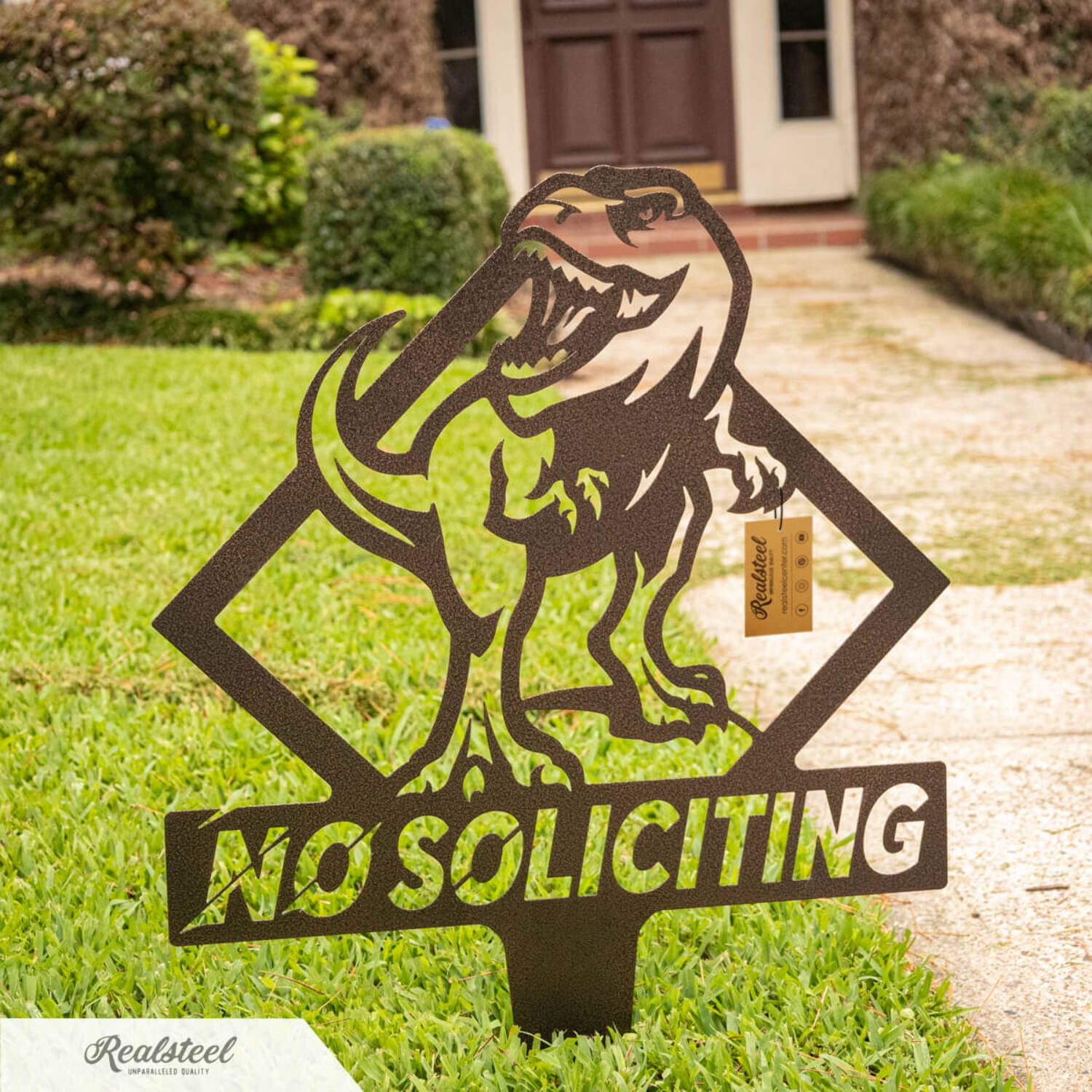 RealSteel Garden Art - No Soliciting T-Rex Yard Sign, Durable Outdoor Decoration (Rust)