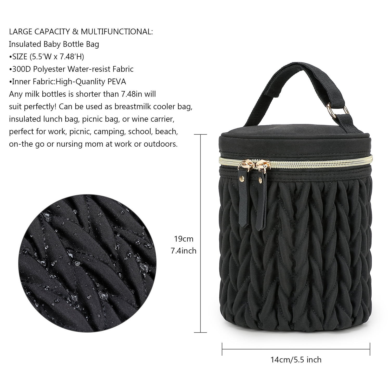 Insulated Baby Bottle Bag, 5.5"×7.48" Breastmilk Cooler Bag with Food-Grade PEVA Lining, Waterproof 300D Polyester Milk Bottle Tote for Nursing Mom, Multi-Use Insulated Lunch Bag for Work/Picnic/Camp