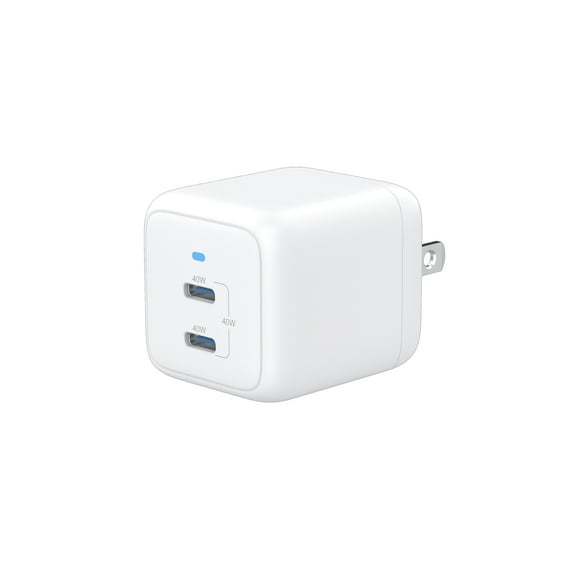 onn 40W Dual USB-C Port Wall Charger, Fast Charging, USB-IF Certified, Foldable Plug, White