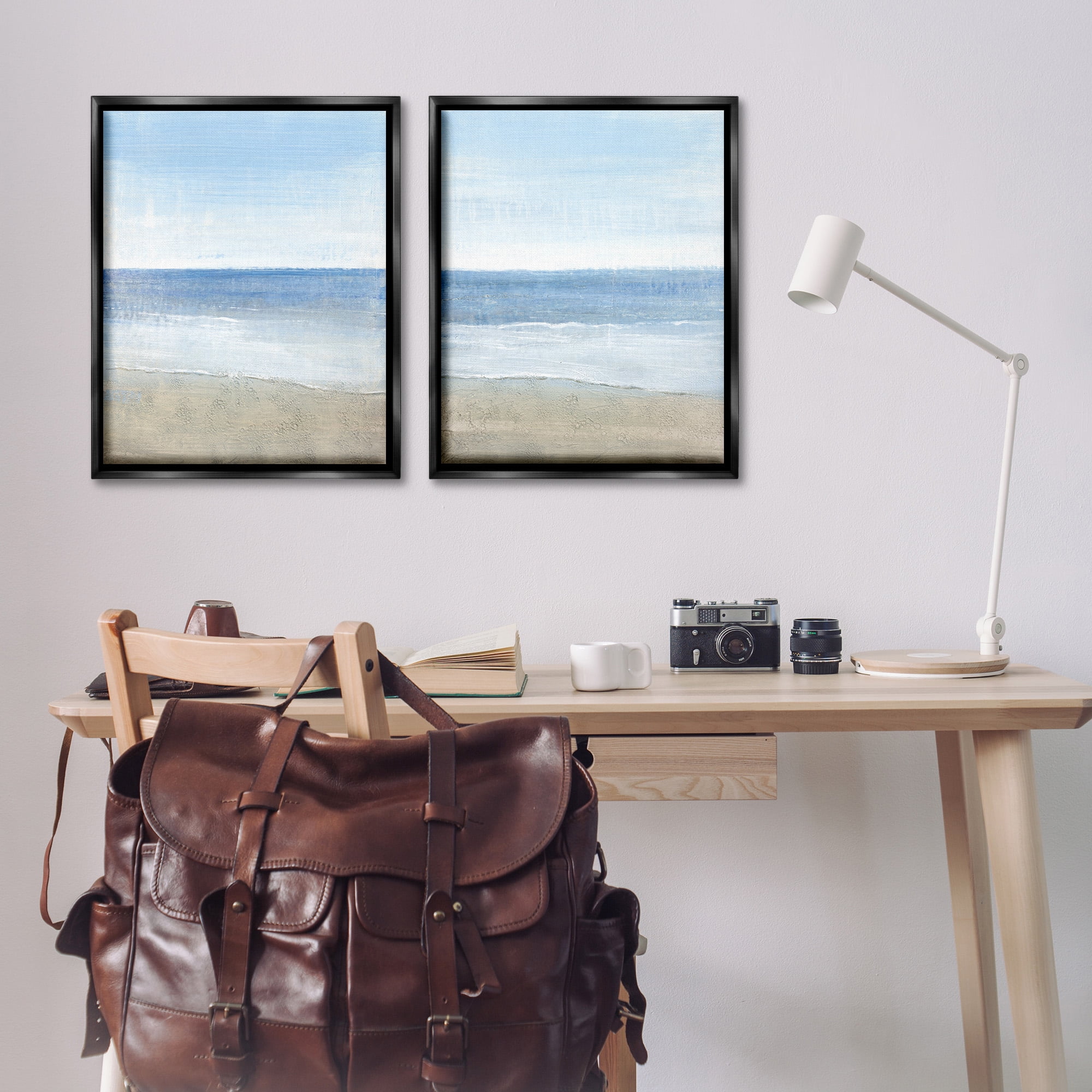 Stupell Industries Coastal Seafoam Beach Waves Nature Painting Black Floater Framed Canvas Art Print Wall Art, 25 x 31, Set of 2