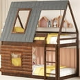 thumbnail image 2 of House-shaped Twin Bunk Bed In Oak & Smoky Grey - Roof, , 2 Windows Wood Construction For Bedroom, 2 of 6
