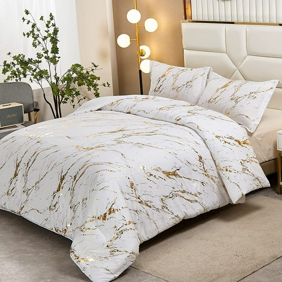 White Gold Metallic Marble Comforter Set King Foil Print Glitter Bedding Sets with 2 Pillowcases for All Seasons, Soft Microfiber Filling Bedding Duvet Set 103"x90"