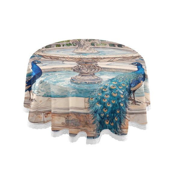 Round Single Sided Printed Tablecloth, 60 Inch Polyester Round Table Cover with White Lace Trim, Wrinkle Resistant Decorative Table Cloth for Home Peacocks