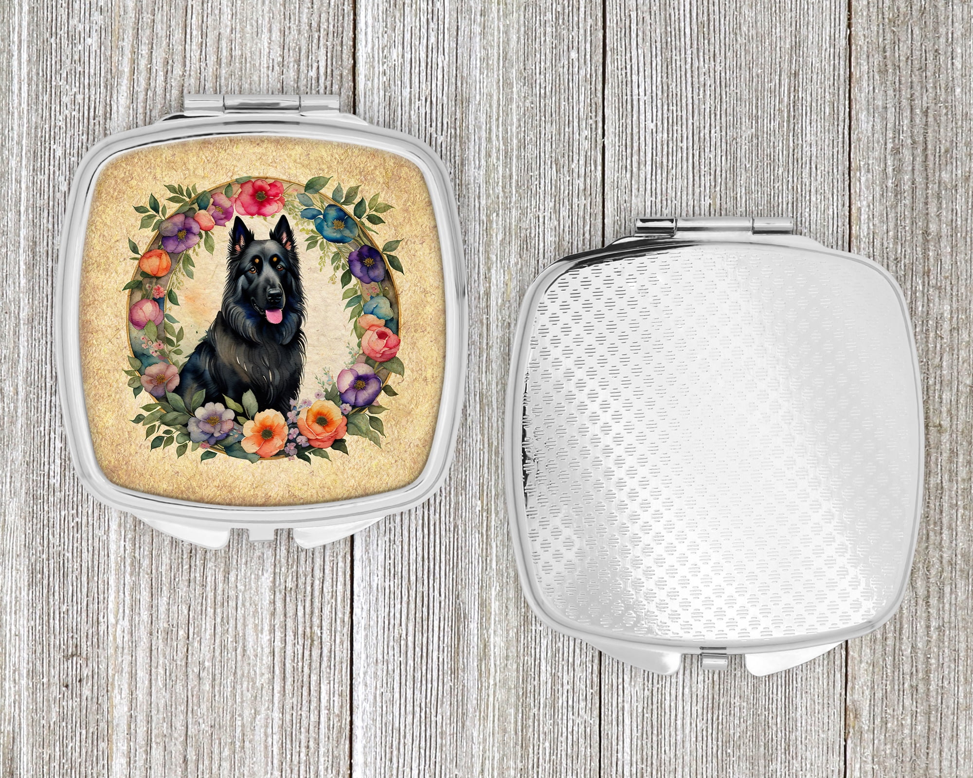 Belgian Sheepdog and Flowers Compact Mirror 2.75 in x 3 in