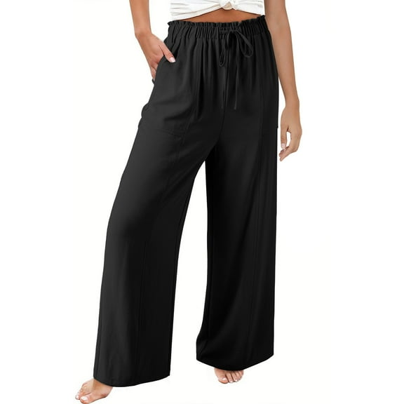 Arnsht Women's Flowy Wide Leg Pants Casual Beach Pants High Waisted Drawstring Loose Comfortable Trousers with Pockets Black L