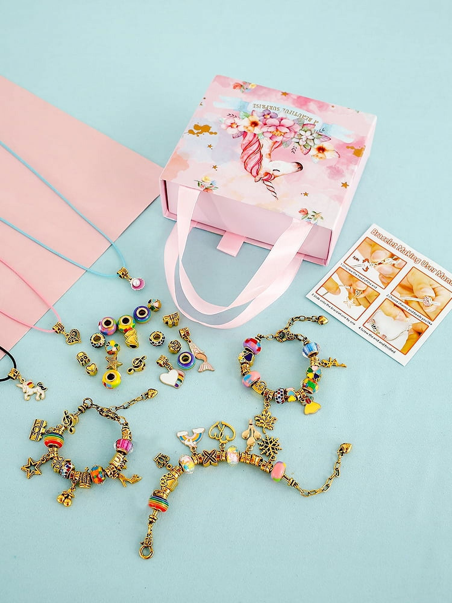 Tcwhniev Charm Bracelet Making Kit, Jewellery Making Kit for Girls Gorgeous  Rainbow Beads/Mermaid Crafts Gifts Set,Jewelry Making DIY Necklaces  Bracelets Headbands Craft Set with Gift Box(67PCS) 